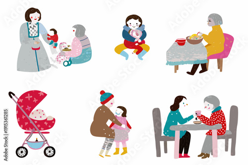 Illustrations of mothers and children in various everyday scenarios