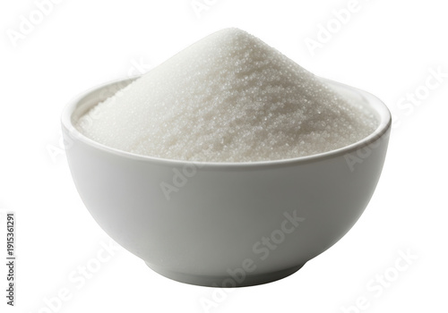 A white bowl filled with a fine, powdery substance resembling flour or sugar. isolated on transparent background