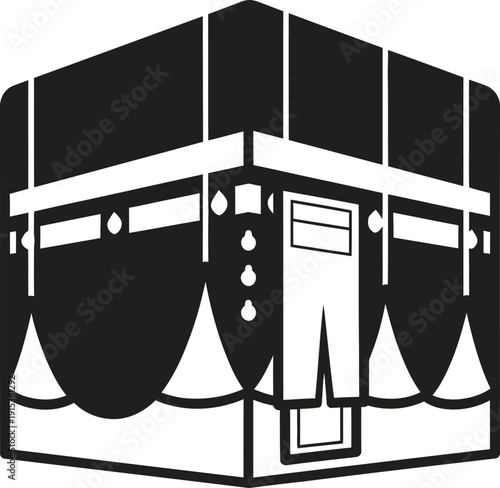Simple black and white illustration of the kaaba in mecca