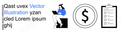 Financial planning, task management, business workflow, productivity tools, online work, workplace organization. Person working on laptop, dollar symbol checklist. Financial planning and task