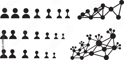 Network connections and people icons in black and white
