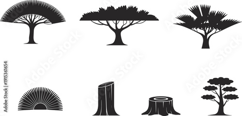 Tree silhouettes collection, black tree shapes, botanical illustration, forest icons, stump design, landscape elements, nature graphics, educational resource