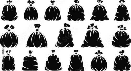 Garbage bag silhouette illustration set, trash sack collection isolated, waste disposal icons for cleaning sanitation recycling design elements vector