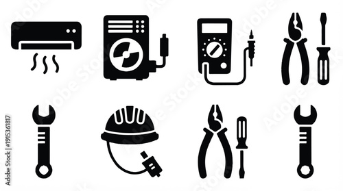 black and white icons of various tools and equipment for repair and construction work