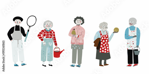 Stylized illustration of six people with various accessories and clothing