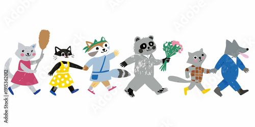 A whimsical parade of anthropomorphic animals walking in a line