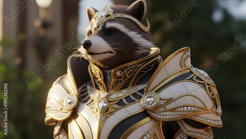 A regal raccoon in ornate armor standing proudly outdoors with whisk_lwzn1f_via_RJ_Whisk_Auto.jpg as reference