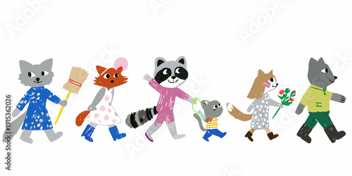 A charming illustration of anthropomorphic animals walking in a line