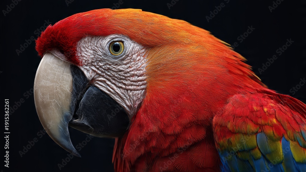 Fototapeta premium Close-up portrait of a vibrant Scarlet Macaw parrot with intricate feather details and a dark background.
