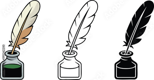 Quill pen silhouette & Outline and illustration set isolated on transparent background