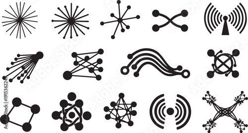 Black and white molecular structure icons and symbols set