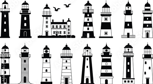 Lighthouse silhouette icon set coastal beacon towers maritime navigation sea safety harbor light tower vector collection isolated black