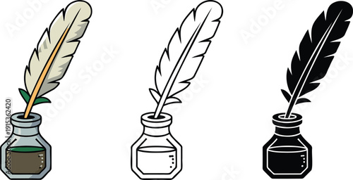 Quill pen silhouette & Outline and illustration set isolated on transparent background