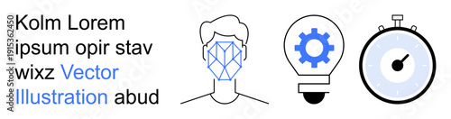 Artificial intelligence, automation, productivity, innovation, time management, digital technology. Head with facial recognition grid, lightbulb with gear stopwatch. Artificial intelligence
