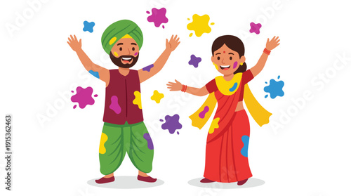 A cheerful Indian man and woman celebrating Happy Holi with colorful powders thrown in the air in a joyful and festive mood against a clean white background