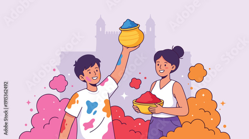 A young man and woman celebrating Festival of Colours with vibrant powders against a pastel background