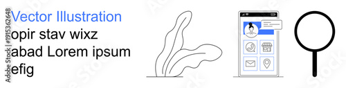 Personal branding, identity verification, online search, digital profiles, technology, user interface. A magnifying glass, leaves illustration, and a smartphone screen with a profile interface
