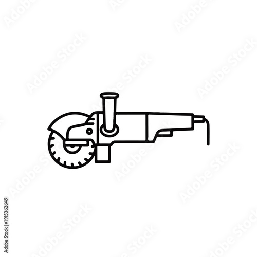 Outline illustration of a power tool, an angle grinder, used for cutting and grinding materials with a circular blade and handle