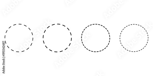 Four dashed circle outlines, representing incomplete shapes, abstract design, decorative elements, frames, borders, outlines, empty space, conceptual art
