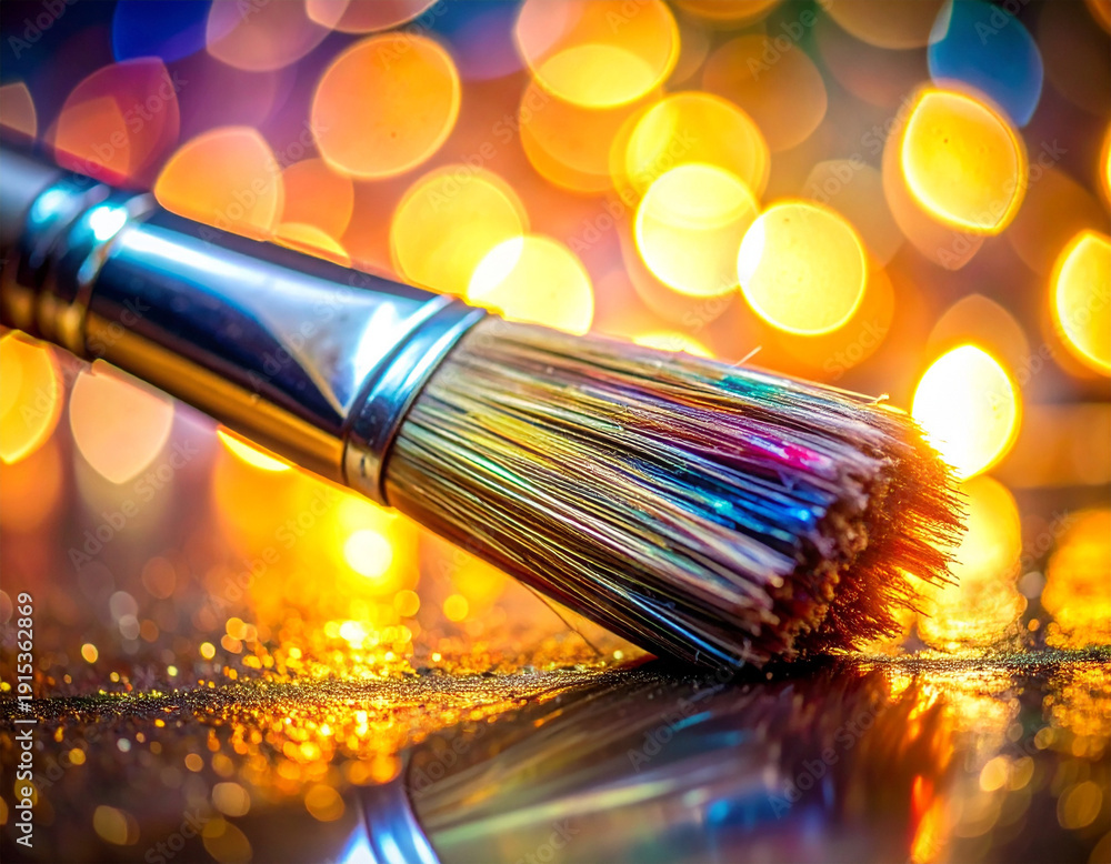 Fototapeta premium A paintbrush with a rainbow of colors on it. The brush is on a table with a shiny surface
