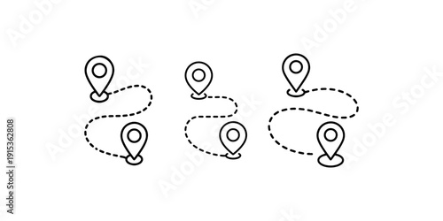 Set of location map pin icons and dotted line paths. vector illustration, map navigation and travel route concept for web design