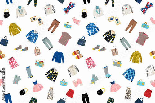 A colorful pattern of various clothing items and accessories scattered on white