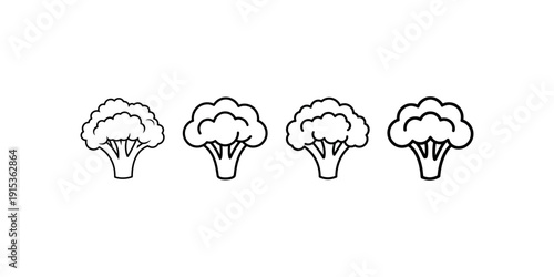 Broccoli vector icon set, four simple organic vegetable illustrations. Healthy food symbols, isolated broccoli signs on white background