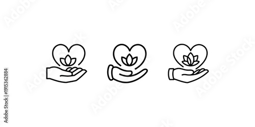 Hand holding heart with lotus flower vector icon set, spiritual health and wellness, compassion and charity symbols on white background