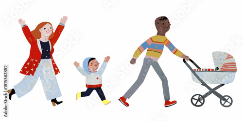 A diverse family cheerfully walks together with a baby in a stroller