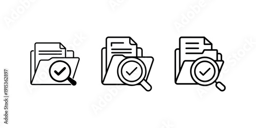 Folder with magnifying glass and check mark vector icon set, three illustrations of document search and verified data symbols
