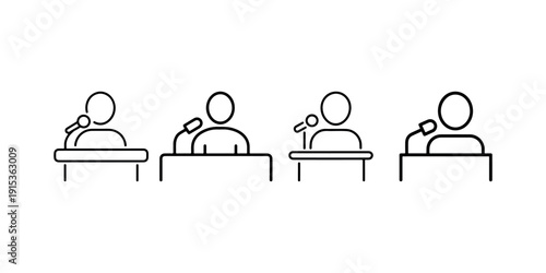 Collection of four simple black line icons depicting speakers at podiums or lecterns with microphones for presentation or public speaking concepts