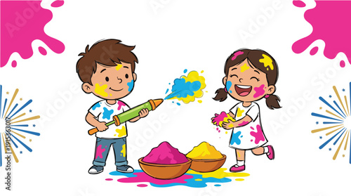 Two happy children playfully throwing colorful powders at each other during a vibrant Festival of Colours celebration with powder-filled pichkari and bowls nearby