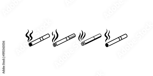 Four different minimalist black line drawings illustrating lit cigarettes showing smoke trails suggesting tobacco use or smoking habits concept