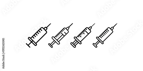 Set of four different stylized black and white icons representing medical syringes or vaccine injectors with measurement markings for healthcare themes
