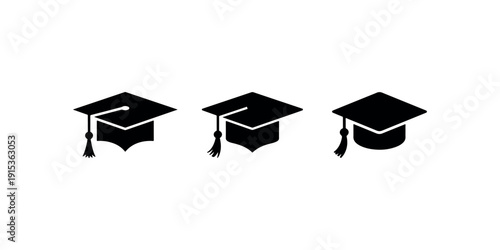 Three distinct black silhouette icons of academic graduation caps or mortarboards with tassels representing education achievement success and ceremony