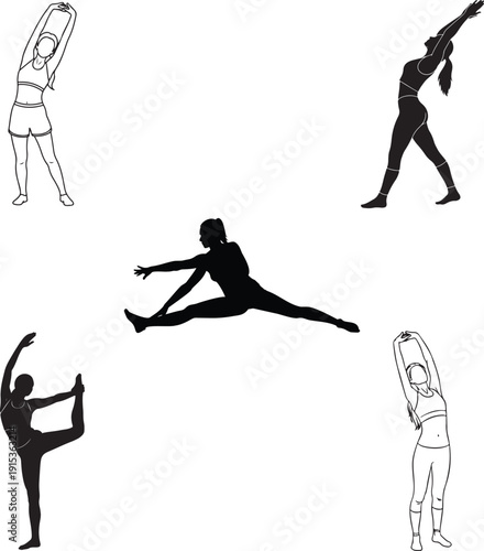 Diverse collection of women stretching and doing yoga poses, depicted in both outlines and solid black silhouettes, fitness theme
