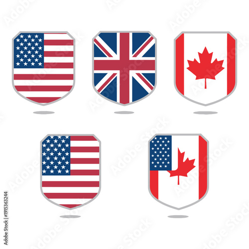 Flag Police Badge Icon US UK Canada badge vector, national flags in police emblem shape, friendship and alliance symbol, isolated vector illustration