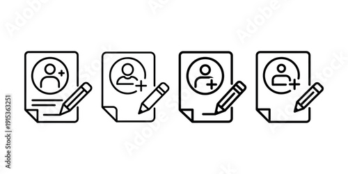 Account icon set. user sign up icon, registration icon, login, new account plus icon, profile, personal data, edit account icon