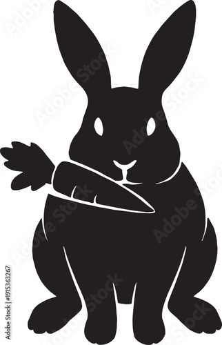 Silhouette of a rabbit eat carrots , front of view in black and white silhouette vector with transparent background 