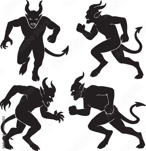  Silhouette of a Demons running asset set in black and white silhouette vector with transparent background 