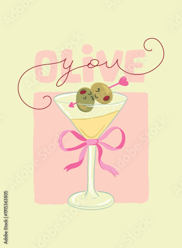 Olive you martini postcard vector illustration. Cute hand-drawn martini glass with kissing olives and pink bow on pastel background. Romantic silly kawaii design for valentine greeting.