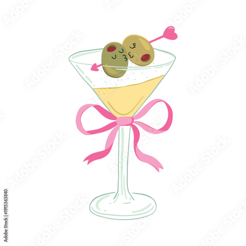 Olive martini cocktail vector illustration featuring two cute kissing olives on a heart skewer. Flirty hand-drawn cartoon style with a pink bow. Silly kawaii design for valentine or party.