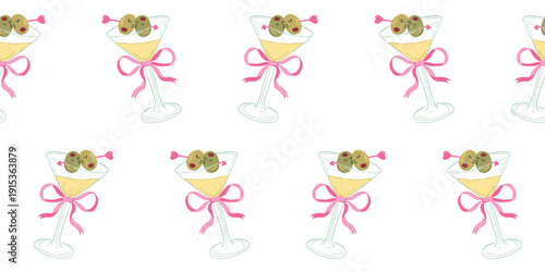 Martini horizontal seamless pattern, cute kissing olives on white background. Kawaii cocktail vector for Valentine Day party, flirty ribbons, stylish beverage border, doodle alcohol drink wallpaper