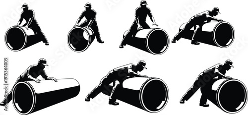 Black and white industrial worker illustration showing manual labor pushing large pipe, construction teamwork, heavy equipment handling, silhouette vector design concept