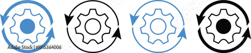A set of four abstract gear and refresh icons in blue and black colours.