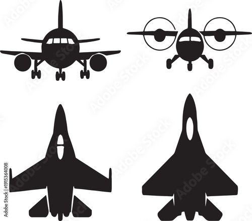 Silhouette of a aircrafts fly , different poses and styles , front of view , clear angels, clear body and cuts set in black and white silhouette vector with transparent background 
