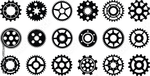 Black and white gear wheel icon set featuring mechanical cog designs, industrial engineering symbols, machinery elements collection, silhouette vector illustration for technology concepts