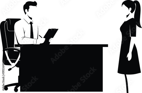 Business meeting silhouette illustration of manager interviewing female candidate at office desk, corporate recruitment, job interview, professional communication concept isolated on white background
