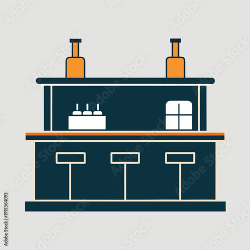 Flat design illustration of a bar counter with bottles, ice bucket, and stools 