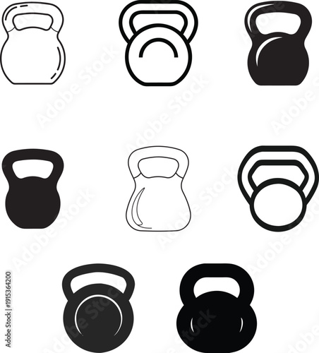 Set of kettlebell icons presented in various styles, including solid, outline, and detailed illustrations for fitness